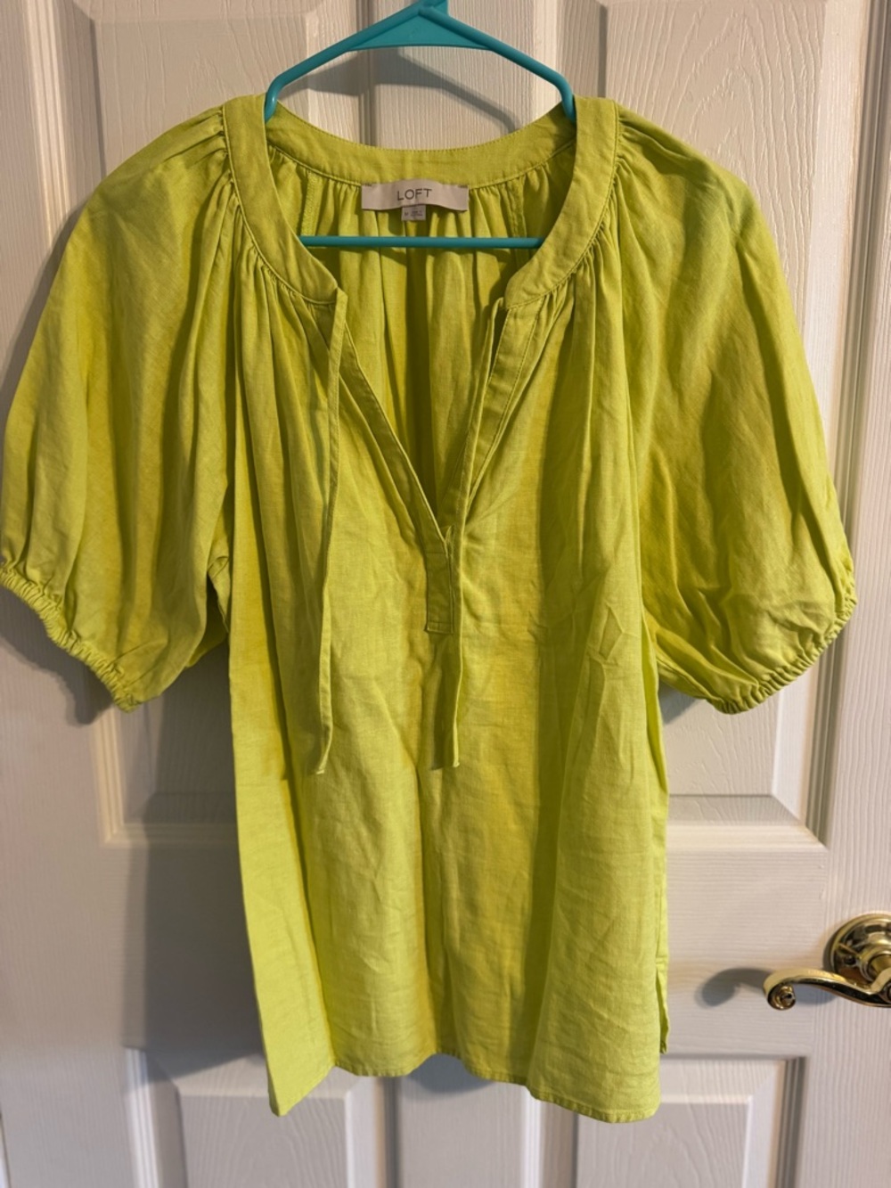 LOFT Neon Lime Split-Neck Peasant Blouse